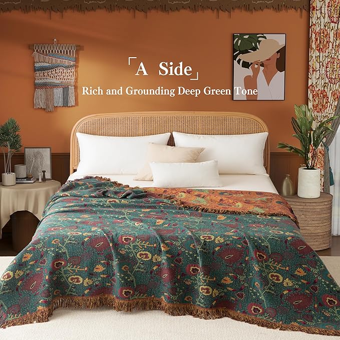 Boho Throw Blanket Queen Size, Oversized Soft Cozy Cotton Muslin Quilt Blanket for Bed Decor, Floral Patterned Couch Sofa Chair Cover, Vintage Farmhouse Cottage Woven Blanket, Green&Orange