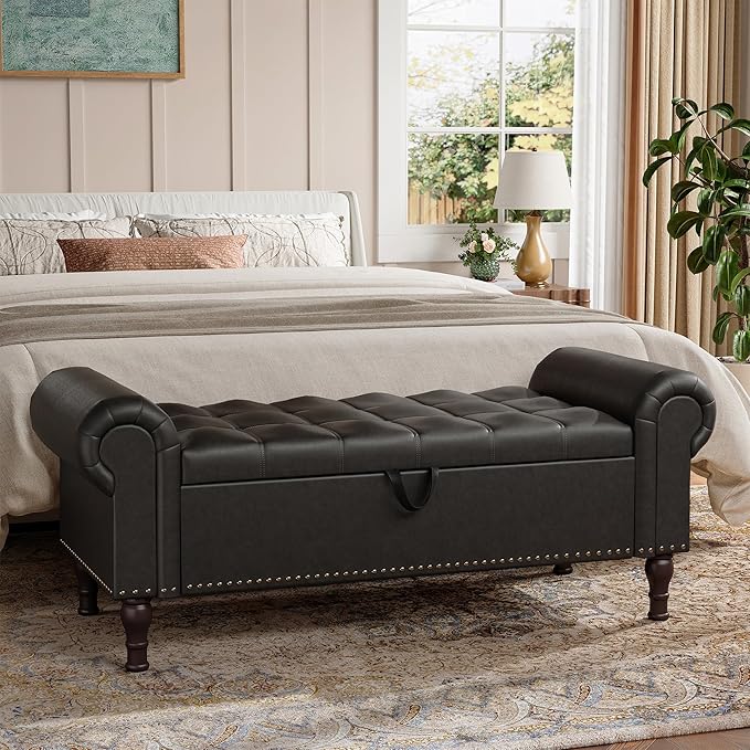 Storage Ottoman Bench for Bedroom, 51" Upholstered Bedroom Bench with Rolled Arms and Vintage Rivets, Large Storage Chest for Living Room, Bedroom, Entryway, Black