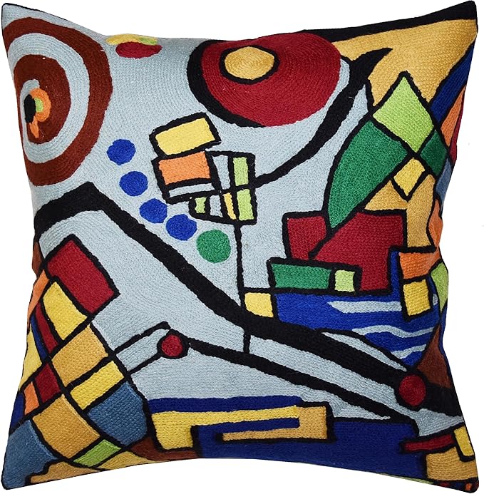 Kandinsky Decorative Pillow Cover Coastal Hand Embroidered Abstract Toss Pillows Farmhouse Chair Cushion Contemporary Pillowsham Mid-Century Chair Cushions Wool Size 18x18