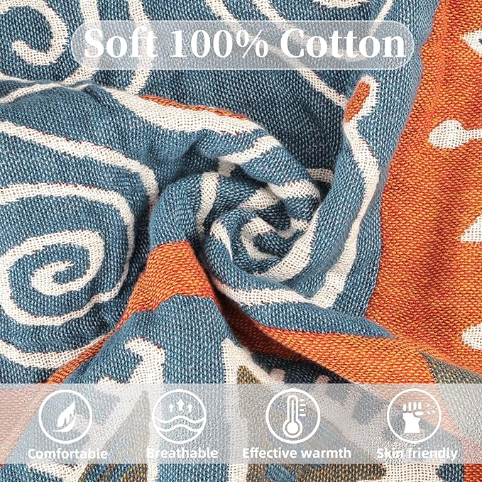 Boho Throw Blanket for Bed - 100% Pure Cotton Ultra Soft Rustic Quilt - Farmhouse Decor Bed Blankets, All Season Rustic Throw for Sofa Couch Chair(60"×80", Art Squares)