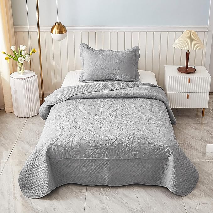 MarCielo 3-Piece 100% Cotton Oversized Bedspread Lightweight Quilt Coverlet Embroidery Farmhouse Bedding Set T0 (Light Grey, Twin (68"x86"))