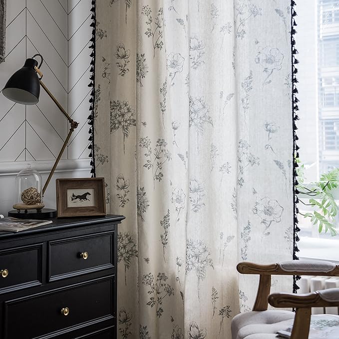 Sutuo Home Boho Curtain with Handmade Tassels, Rod Pocket Window Treatment Vintage Rustic Bohemian French Farmhouse Semi-Blackout Print Drape for Bedroom, 1 Panel 59" W x 84" L,Grey Floral
