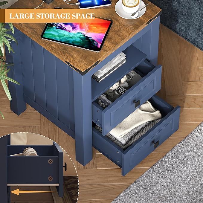 Apicizon Farmhouse End Table with Charging Station and Storage
