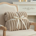 Amélie Home Faux Fur Throw Blanket for Couch, Cozy Fuzzy Fluffy Fur Luxurious Soft Striped Plush Gift Blankets for Family Sofa Chair Bed Living Room Bedroom, 55"x70", Beige