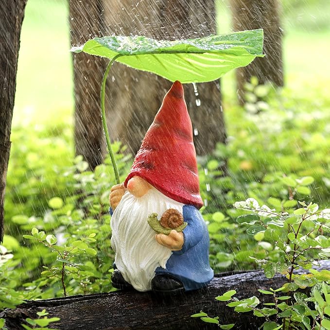 Garden Gnome Statue Decoration with Leaf Umbrella, 7.5” Figurine Ornament for Indoor Outdoor Home Patio Yard Lawn, for Gnome Lovers & Garden Enthusiasts，Mom，Women
