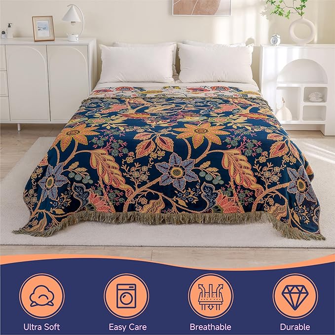 Boho Cotton Throw Blanket - Ultra-Soft Rustic Quilt for Bed, Home Decor & Travel - Large 90"x98" Muslin Blanket - All-Season Lightweight Bedspread & Throw for Women & Moms