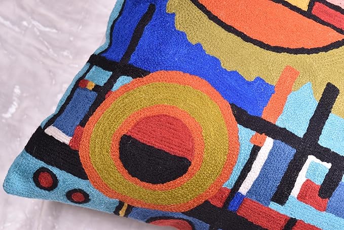Kandinsky Upwards Abstract Pillow Cover Blue Decorative Throw Pillowcase Modern Chair Cushion Contemporary Accent Pillowsham Couch Handembroidered Wool Size 18x18