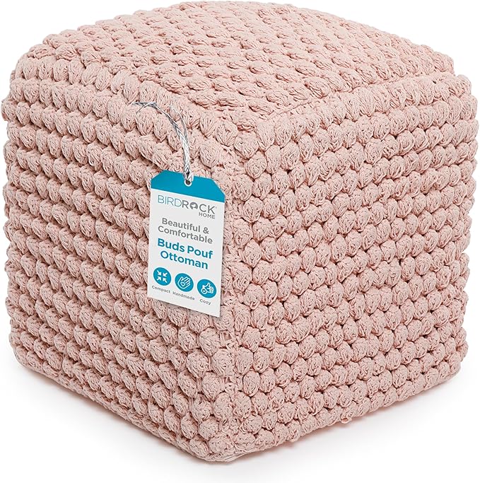 BIRDROCK HOME Buds Pouf Foot Stool Ottoman - Knit Bean Bag Floor Chair - Cotton Braided Cord - Great for The Living Room, Bedroom and Kids Room - Small Furniture (Dusty Rose - Buds)