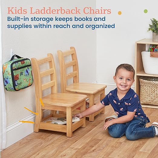 ECR4Kids Three Rung Ladderback Chair with Storage, 10in Seat Height , Classroom Seating, Honey, 2-Pack