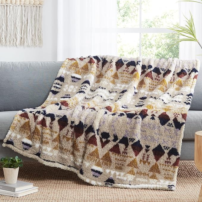 CASAAGUSTO Boho Sherpa Throw Blanket, Aztec Throw Blanket, Ultra Soft, Warm, Cozy, Plush, Thick Fleece Bohemian Blanket for Couch, Bed, Sofa (Khaki 50 * 60 Inch)