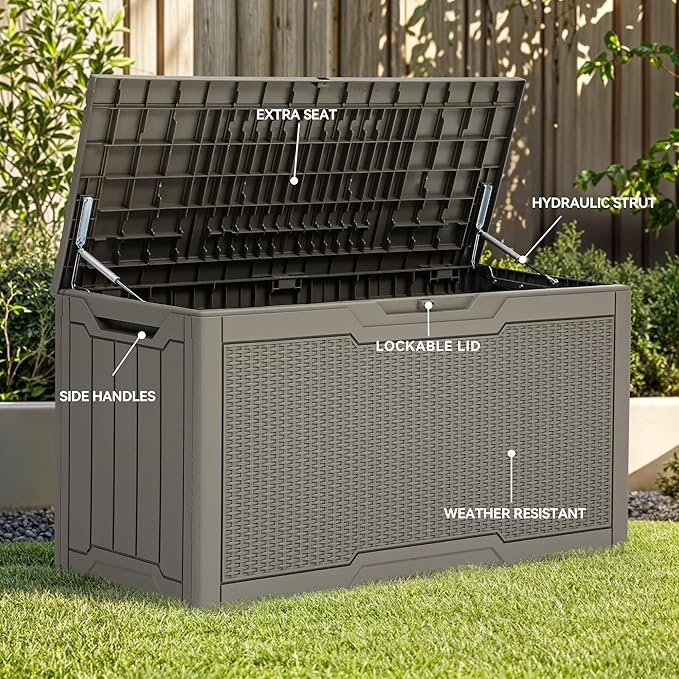 YITAHOME 80 Gallon Resin Deck Box, Weather Resistant Outdoor Rattan Storage Box, Lockable Indoor Outdoor Storage for Supplies and Essentials, Taupe