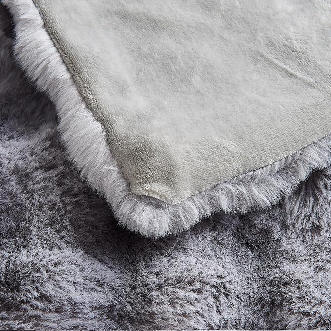 Lotus Karen Faux Fur Throw Blanket - Tie-Dye Gray, Big Bubble Rabbit Fluff, 50x60 Inches