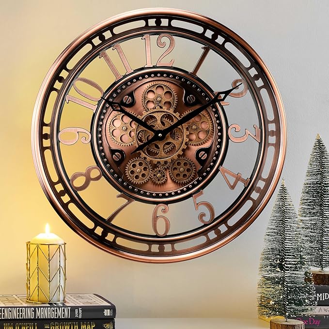 CLXEAST 21 Inch Moving Gear Wall Clock for Modern Farmhouse Living Room Decor,Large Industrial Steampunk Wall Clock for Home Office,Metal Copper Finished,House Warming Gifts New Home