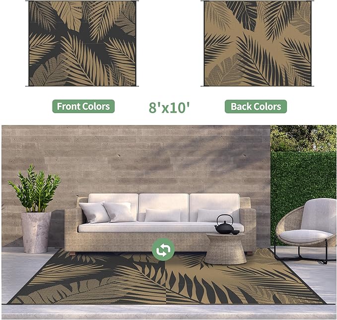 GENIMO Outdoor Rug 8' x 10' Waterproof for Patios Clearance, Reversible Outdoor Plastic Straw Camping Rug Carpet, Large Area Rugs Mats for RV, Camper, Deck, Balcony, Porch, Beach, Picnic, Black&Brown