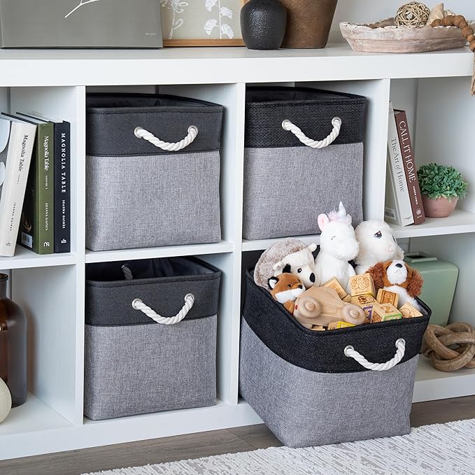 OrganiHaus 12x12 Cube Storage Bins 4 Pack, Foldable Cube Storage Organizer w/ Rope Handles, Collapsible Fabric Bins for Toys, Clothes & Closet Organization, Fabric Square Baskets - Gray/Black