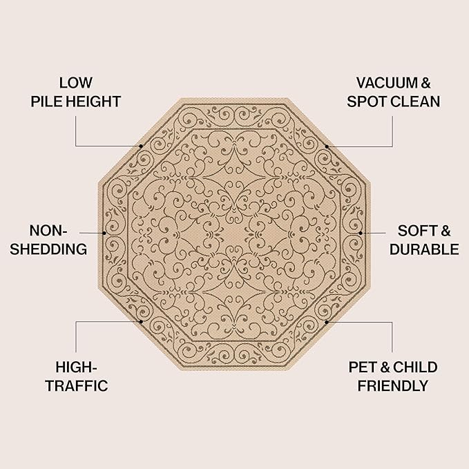 JONATHAN Y Vintage Filigree Indoor Outdoor Octagon Area Rug 8 Ft Beige/Brown, Charleston Textured Weave for Backyard, Patio, Porch, Easy-Cleaning, High Traffic, Pet-Friendly Non-Shedding SMB106A-8TGN