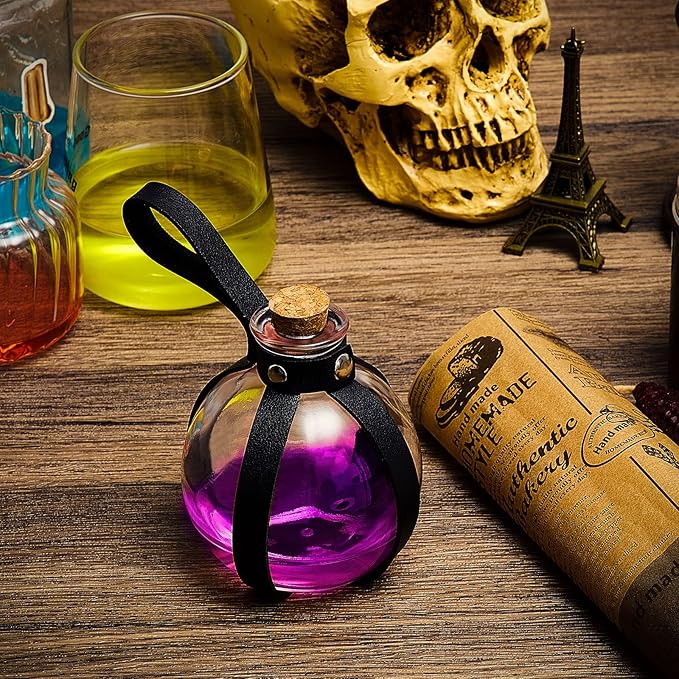 Patelai 6 Pcs Halloween Glass Potion Bottles with Belt Cork Renaissance Witch Costume Accessories Witch Props Potion Bottle for Halloween Party Decor Cosplay DIY Crafts Gift (Black)