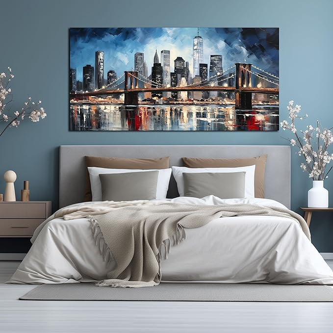 Brooklyn Bridge Wall Art for Bedroom,Modern City Large Canvas Wall Art Living Room,Blue Home Office Decor 29 x 59 Inch