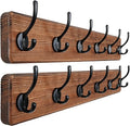 Dseap Wall Mounted Coat Rack: 24" Long, Patented, Heavy-Duty, 6-Double-Hooks Wooden Hanger Rail for Winter Coats, Hat, Jacket, Clothing - Natural & Black, Pack of 2