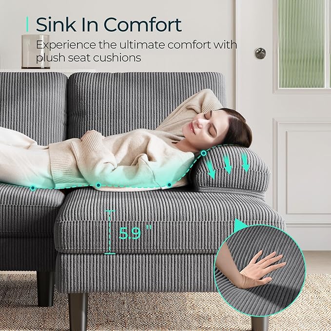 LINSY HOME Sectional Couch, 111'' W Corduroy U Shaped Sofa with Sleepable Armrests, 4 Seat Couch with Double Chaises, Deep Sofa for Living Room, Grey