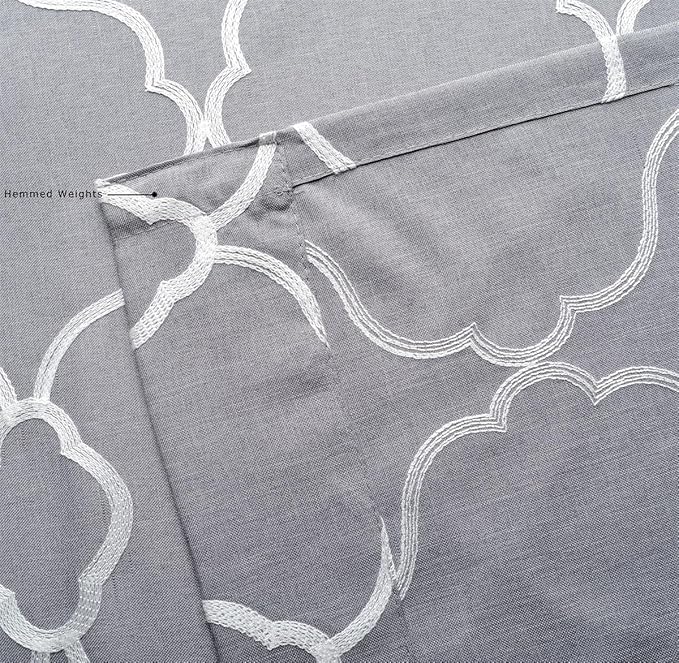 MIUCO Moroccan Embroidery Semi Sheer Curtains Faux Linen Grommet Curtains for Bedroom 52 x 63 Inch 2 Panels, Grey