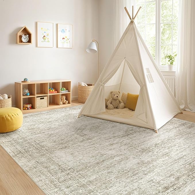 Washable Area Rugs for Living Room -10x13 Neutral Vintage Distressed Floral Farmhouse Boho Large Soft Floor Rug Indoor Non Slip Carpet for Living Room Bedroom Dining Room Office-Beige