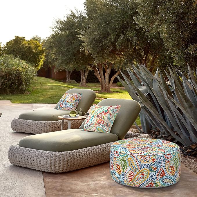 LVTXIII Indoor/Outdoor Inflatable Ottoman, D31 x H14 Inch Large Round Ottoman, All Weather Foot Rest Stool, Portable Footrest for Patio, Garden, Camping and Home - Paisley Multi