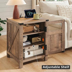 JXQTLINGMU Farmhouse End Table with Charging Station, 18'' Rustic Nightstand with Barn Door & Adjustable Shelf, Wooden Sofa Side Table with 3-Tier Storage for Living Room, Bedroom, Warm Brown