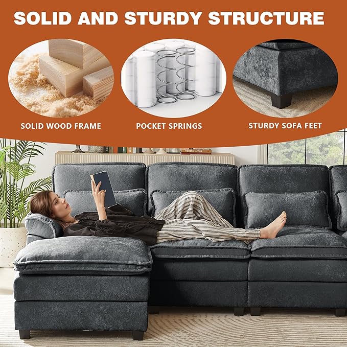 113" Oversized Cloud Couch, U Shape Sectional 4 Seat Sofa with Double Chaises, 2 Layer Cusions, Deep Seat Comfy Sofa, Upholstery Chenille Fabric for Living Room, Dark Grey