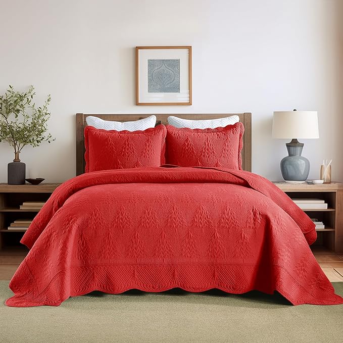MarCielo 3-Piece Christmas Quilt 100% Cotton Oversized Bedspread Lightweight Coverlet Embroidery Christmas Tree Pattern Bedding Set (TC Red, Oversized Queen (100"x106"))