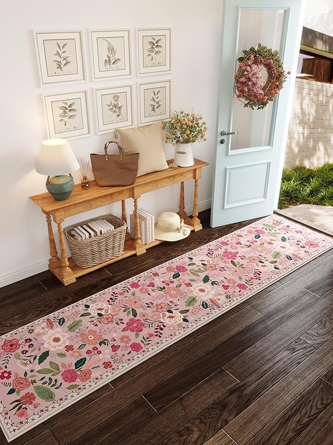 Runners for Hallways Kitchen Runner Rug Non Slip 2'x 10' Long Washable Rugs with Rubber Backing Soft Floral Carpet Runner for Hallways, Kitchen, Laundry, Bedroom, Bathroom(Pink)