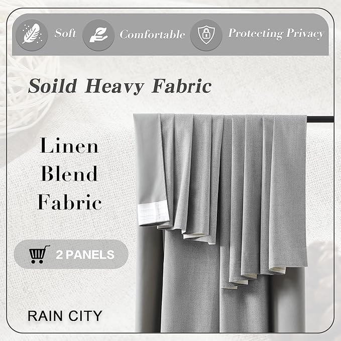 RAIN CITY Grey Linen Blackout Curtains, 100% Light Blocking Textured, Thermal Back Tab Rod Pocket, 2 Panels with Hooks, 50 x 78