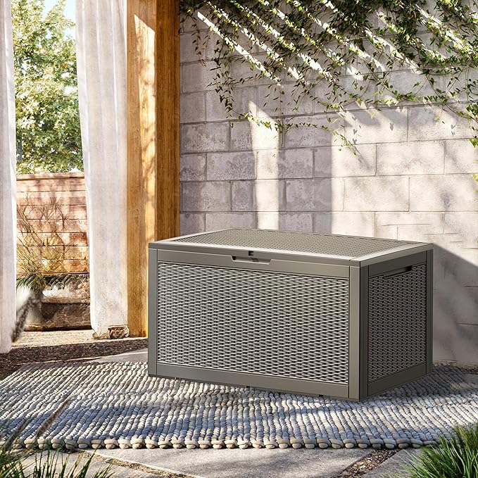 100 Gallon Outdoor Storage Box Waterproof Lockable Resin Deck Box Large, Patio Storage Bin for Pool Accessories Cushion Furniture, Garden Tools, UV-Resistant Outside Delivery Grey