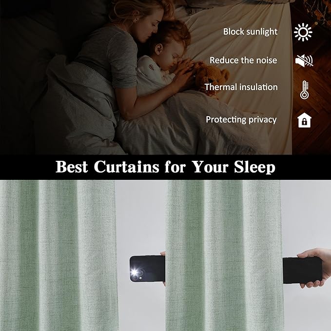 RAIN CITY Light Green Linen Blackout Curtains 45 Inch Long for Living Room,2 Panels Pinch Pleated Drape with Hooks Back Tab Boho Decor, Textured Full Black Out Curtains for Bedroom 50 x 45