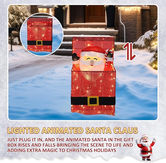Light Up Electric Santa Claus Decor with 100 LED Lights, 3D Pre-Lit Animated Santa Claus for Xmas Decoration, 14.17" L x 10" W x 26.97" H Freestanding Glittered Display for Outdoor, Indoor