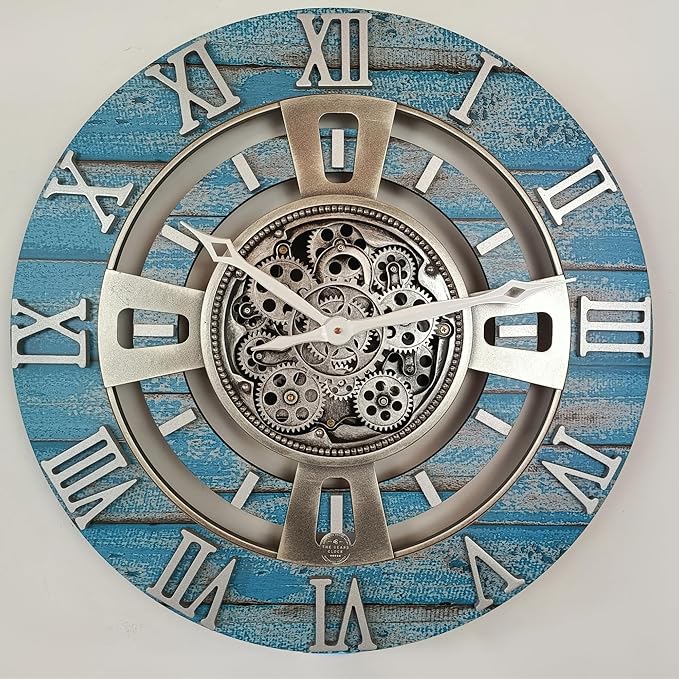 The Gears Clock Real Moving Gear Wall Clock England Line (Ocean Blue, 24 inches (60 cm))