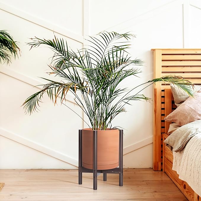 D'vine Dev Terracotta Planter with Walnut Color Stand - 12 Inch Modern Round Flower Pot with Wood Planter Holder, Terracotta, 55-B-W-5