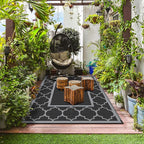 GENIMO Outdoor Rug 9' x 12' Waterproof for Patio Decor, Reversible Plastic Straw Area Rugs Mat for Camper, Outside Carpet for Camping, Rv, Deck, Porch, Picnic, Beach, Balcony, Black & Grey