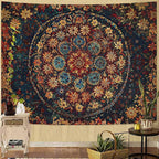 Fowocu Boho Floral Mandala Tapestry Wall Hanging Vintage Bohemian Flower Medallion Tapestry Aesthetic Orange Stained Glass Hippie Extra Large Tapestries for Bedroom Living Room Dorm Decor 90 x 68 Inch