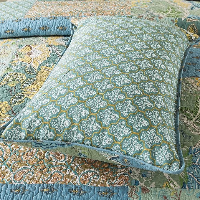 NEWLAKE Cotton Patchwork Bedspread, 3-Piece Bedding Quilt Set with Real Stitched Embroidery, Reversible Matelasse Bed Coverlet Set,Green Farmhouse Garden,Twin Size