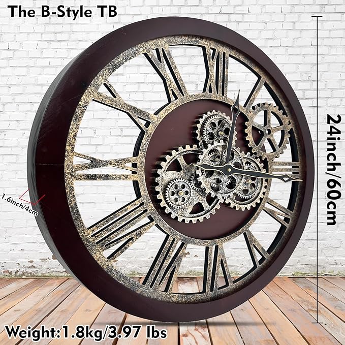 The B-Style Large Wall Clock 24 inch Moving Gear Wall Clock Oversized Vintage Farmhouse Wall Clocks for Living Room Decor Rustic Industrial Wood Clock (Cherry red and Bronze)