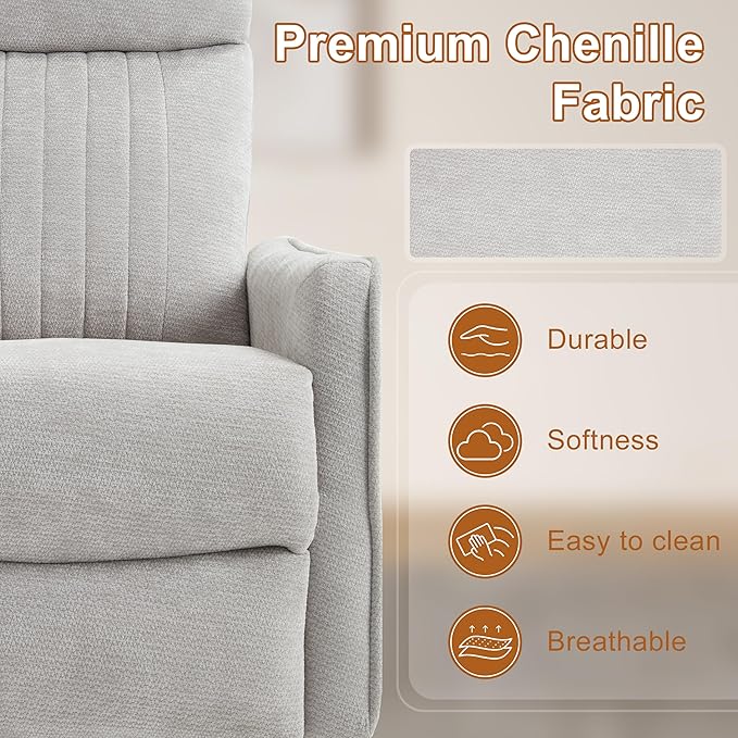 Manual Swivel Rocker Recliner Chair for Adults, Overstuffed Reclining Glider Chair for Nursing with Vibration Massage & Heat, Living Room Rocking Recliner 2-Stage backrest, Chenille Fabric Light Gray