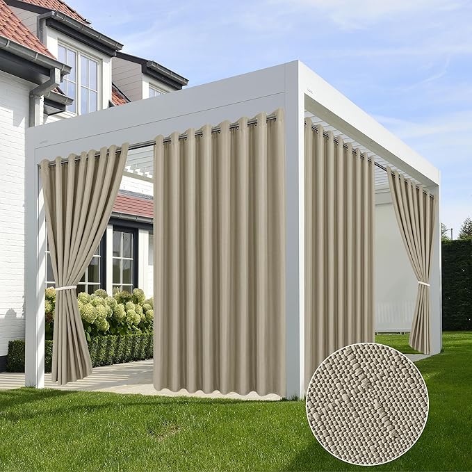 HolidayIdeas 4 Panels Linen Outdoor Curtains for Patio Waterproof Taupe Outside Curtains 110"x120"-Indoor/Outdoor Gazebo Wide Curtains Weatherproof, Privacy for Pergola, Porch, Cabana, Deck, Sunroom