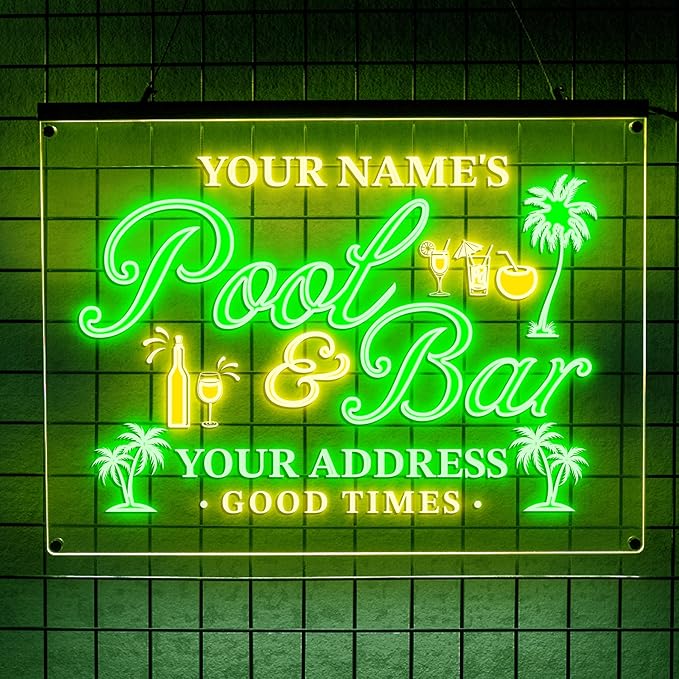 Personalized Pool & Bar Neon Sign, Custom LED Light with Name and Address, Outdoor Patio Decor, Tiki Bar or Backyard Pool Gift for Party Lovers