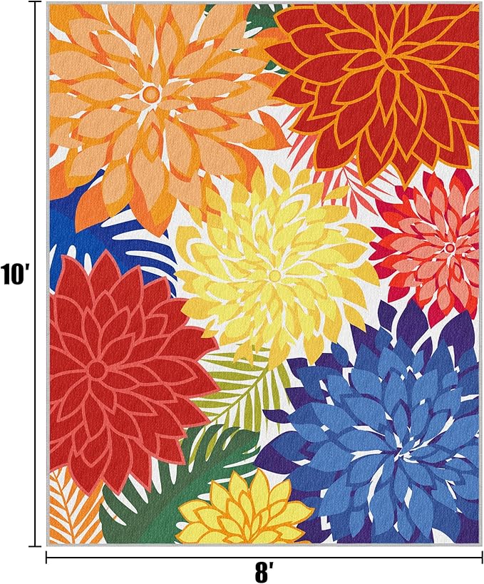Indoor Outdoor Area Rug 8x10 Patio Washable Multicolored Patio Rug Tropical Botanical Modern Floral Indoor Outdoor Carpet Non-Slip for RV, Pool Deck, Backyard, Porch