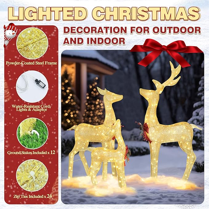 4.5FT Lighted Reindeer Family Set for Christmas Decoration, 3 Pieces Pre-Lit Iridescent Deer with 200 LED Lights, 3D Glittered Standing Holiday Display for Outdoor, Indoor, Golden