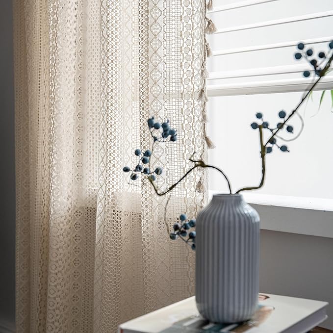 Sutuo Home Beige Boho Curtains Crochet Lace Semi-Sheer Bohemian Hollow Knitted Handmade Tassels, Rod Pocket Window Treatment Vintage Rustic Farmhouse Drapes for Glass Slide Door, 1 Panel 59" W x 90" L