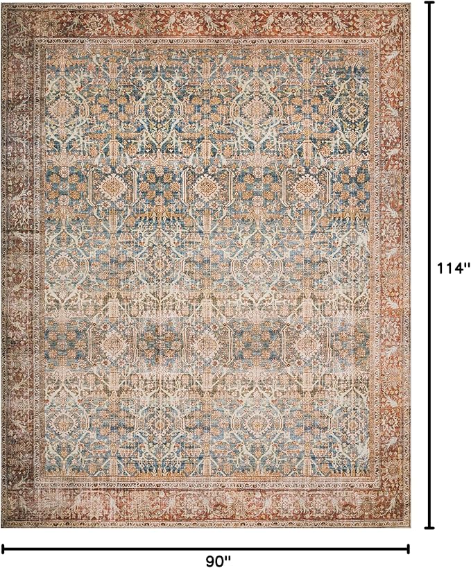 Loloi Layla Collection LAY-04 Ocean/Rust 7'-6" x 9'-6" .13" Thick Area Rug, Soft, Durable, Vintage Inspired, Distressed, Low Pile, Non-Shedding, Easy Clean, Printed, Living Room Rug