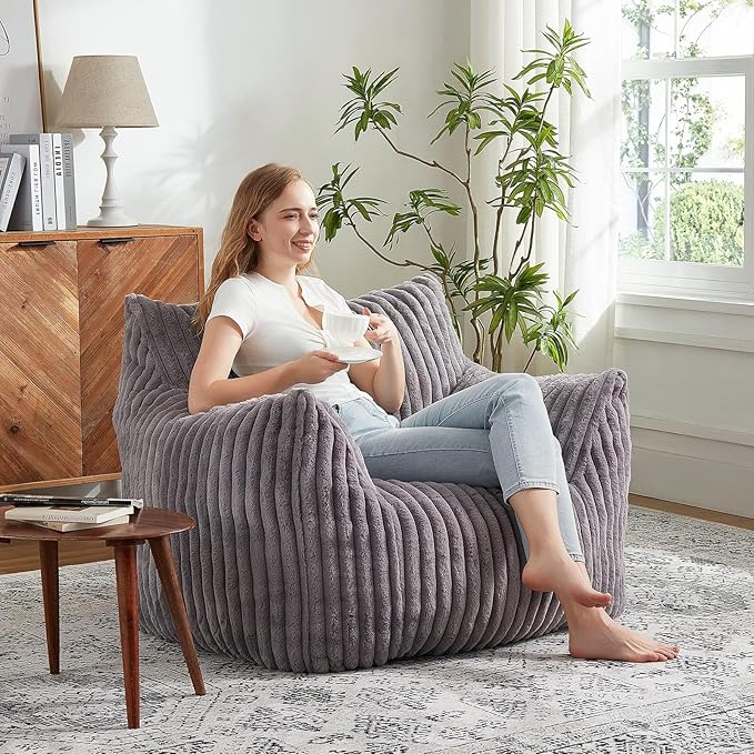 Giant Bean Bag Chairs for Adults with Filling Plush Fluffy Bean Bag Chairs for Teens with Armrests Comfy BeanBag Lazy Couch Sofa Chair for Bedroom Living Room Reading