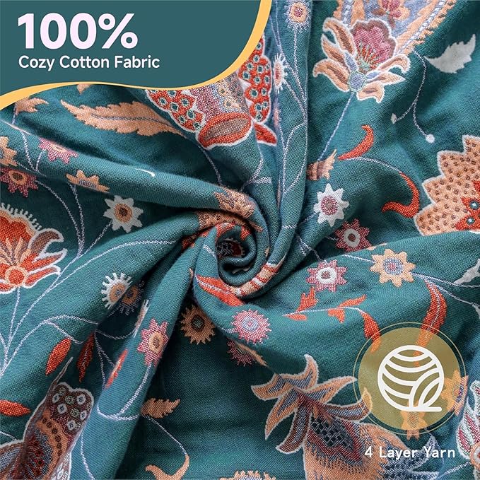 Boho Throw Blanket for Bed,100% Ultra Cotton Soft Breathable Bed Throw Floral Printed Farmhouse Decor Rustic Bed Throws for Couch Sofa Quilt White Flowers 60" x 80"